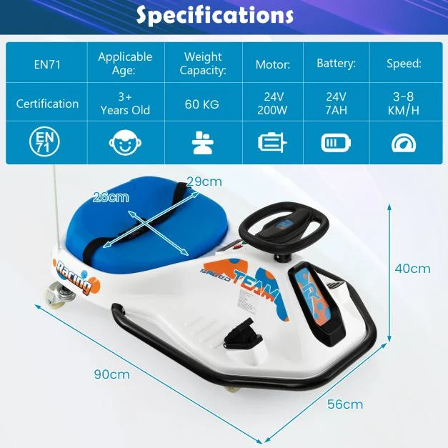 Electric Kids Drift Go Kart with 360° Spin, Wireless Connect & USB