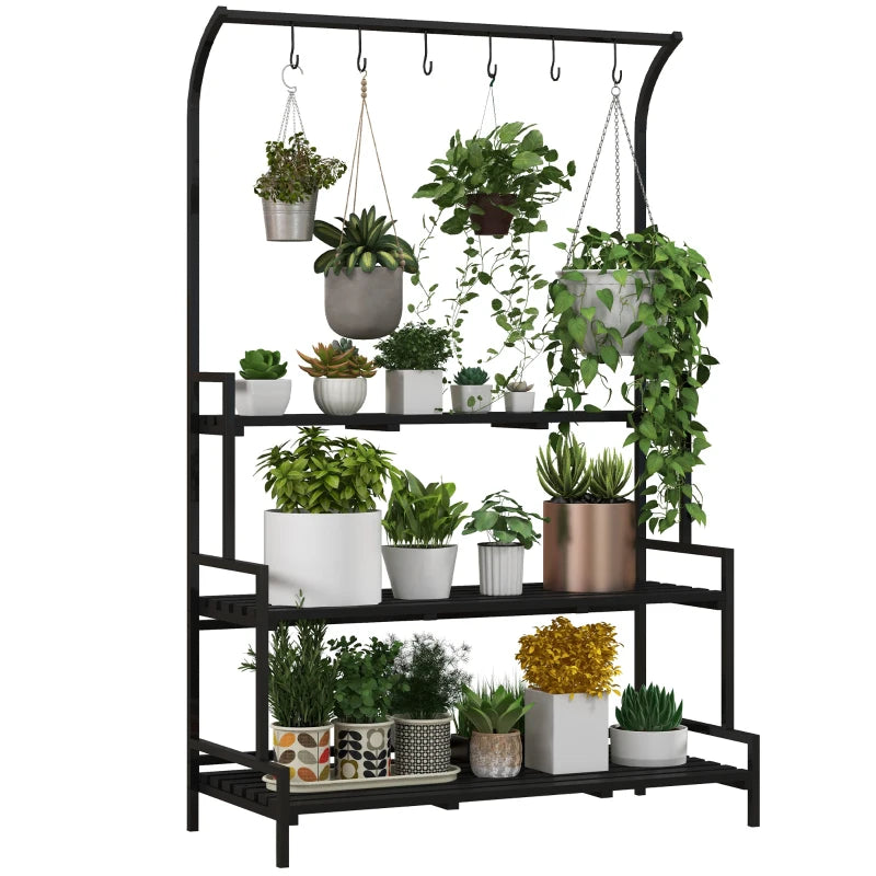 Stylish Black Plant Rack with Hanging Hooks – Tall Plant Stand, Indoor/Outdoor, 3-Tier