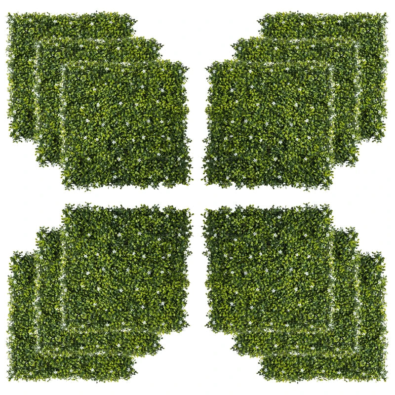 Grass Privacy Fence Panels with Artificial Boxwood and Flowers for Home, 12PCS 50x50cm
