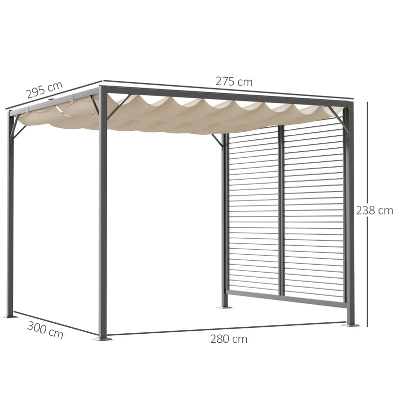Outdoor Metal Pergola with Retractable Fabric Roof in Beige, 3 x 2.8m Shade Canopy