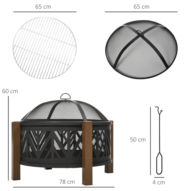 Metal Firepit Bowl Outdoor 2-in-1 with Lid, BBQ Grill & Poker, Black 78x78x60cm