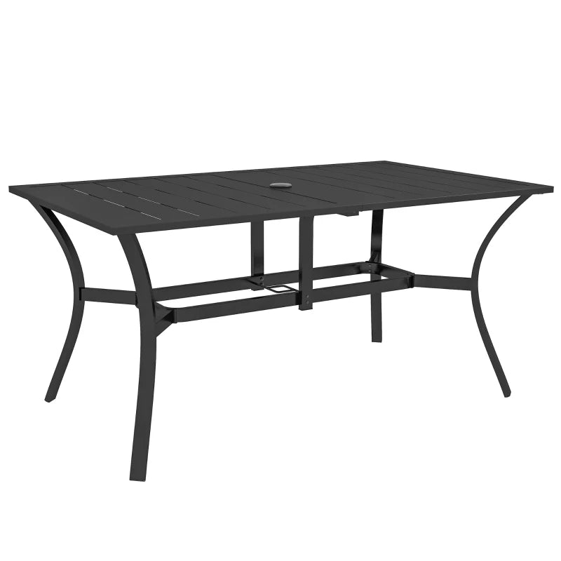 Rectangle Garden Dining Table with Parasol Hole, Steel Frame & Slat Top, 150x90cm