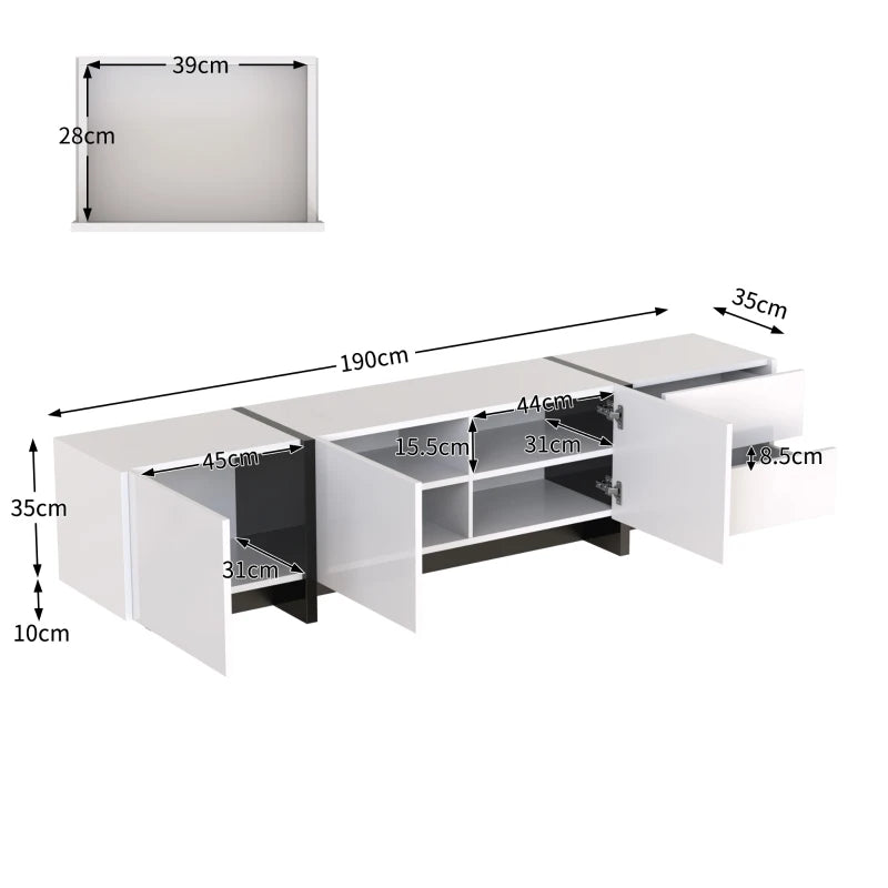 White Gloss TV Cabinet – 190cm Modern Unit with Black Accents, Doors & Drawers