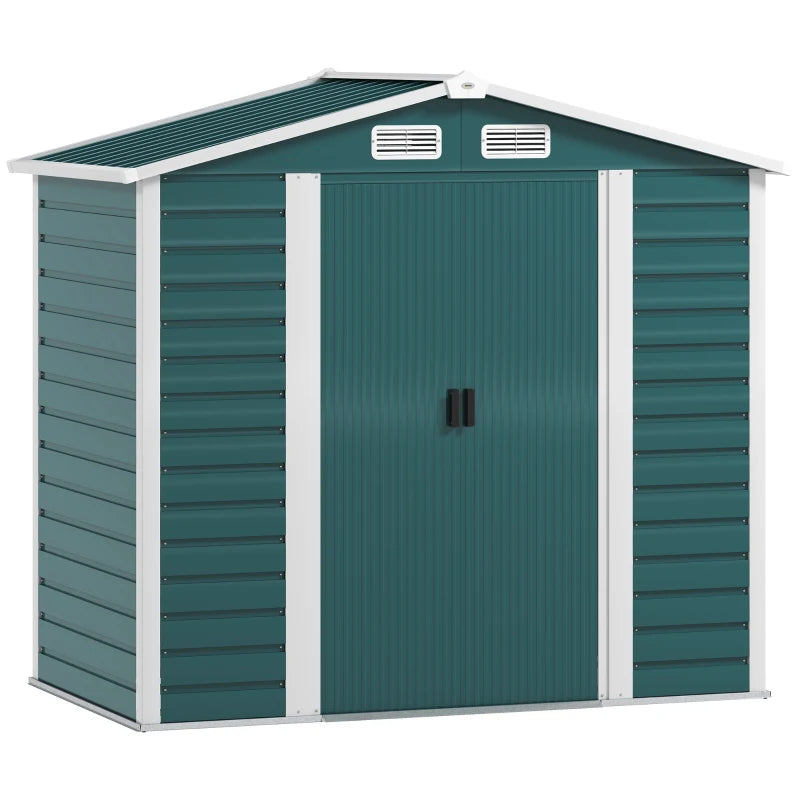 Galvanised Steel Garden Shed with Foundation, Lockable Double Doors & Vents, Green, 7x4ft