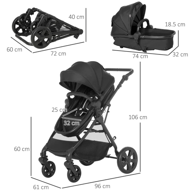 Foldable Baby Stroller with Reclining Backrest, Adjustable Canopy for 0-36 Months - Black