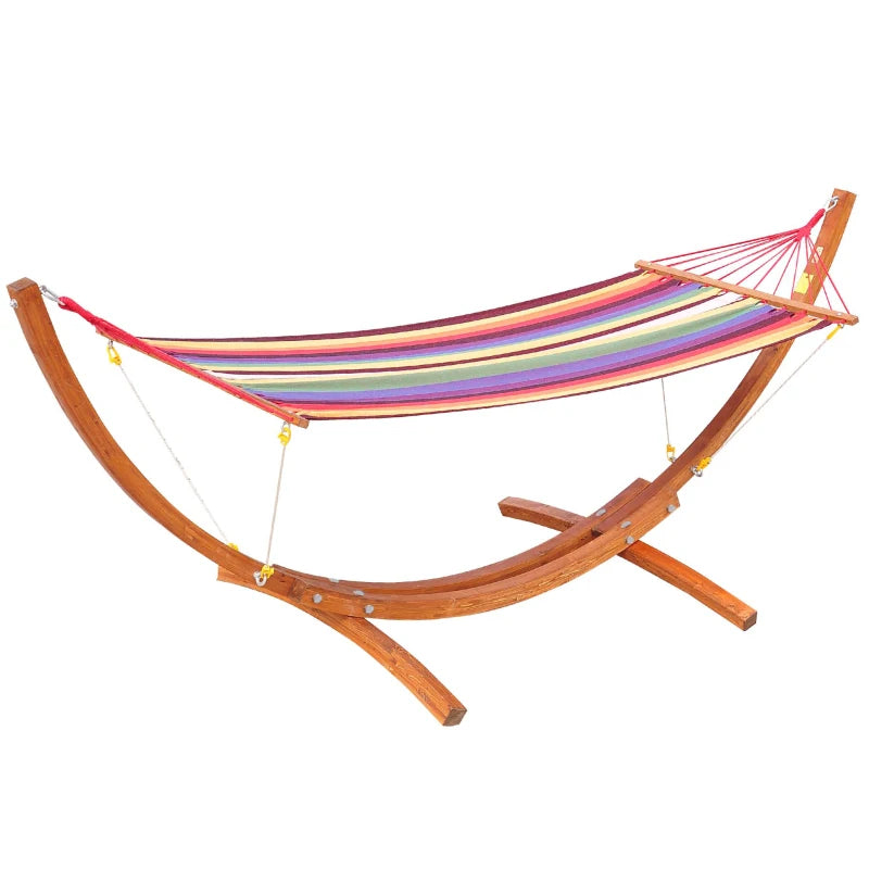Durable Garden Swing Hammock with Arc Wooden Stand and Safe Rope, Multicolor Fabric