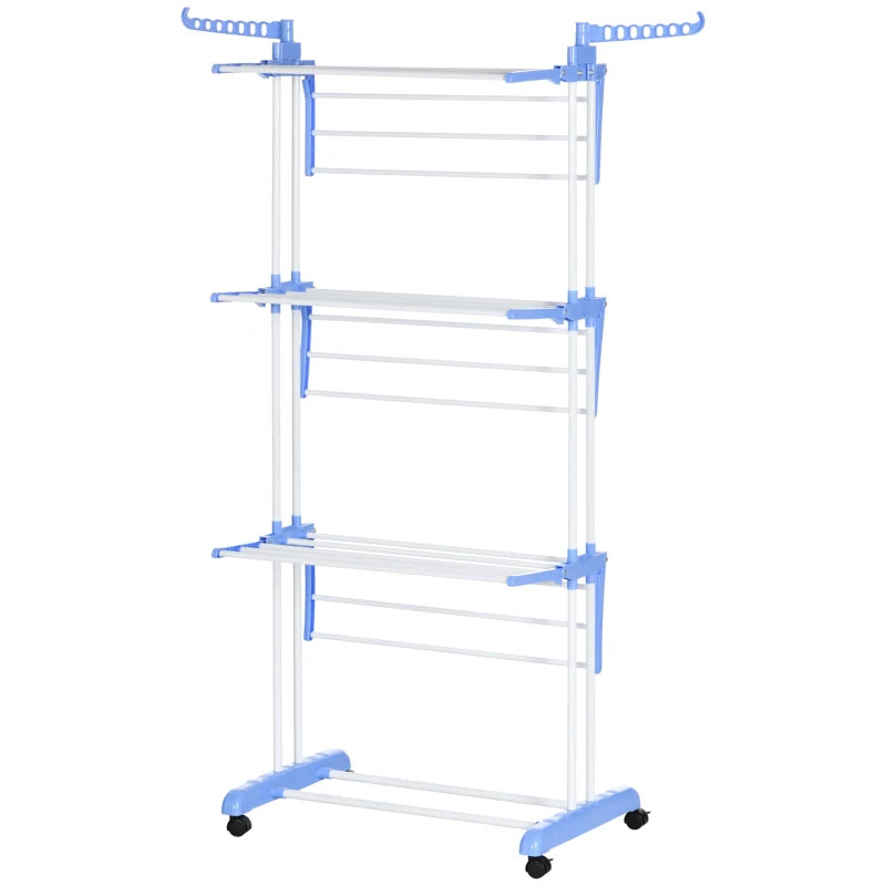 Blue Foldable 4-Tier Garment Drying Rack with Wheels for Indoor/Outdoor