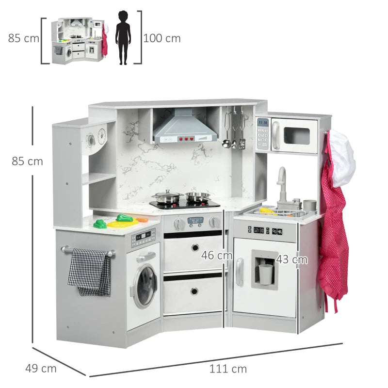 Realistic Play Kitchen Set with Water, Lights, Sounds, Apron & Chef Hat for Ages 3-6