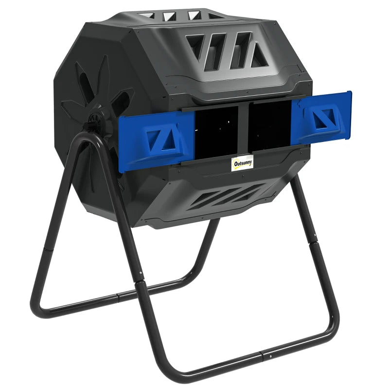 Outdoor 360° Rotating Dual Chamber Composter Durable Compost Bin, 160L Capacity, Blue