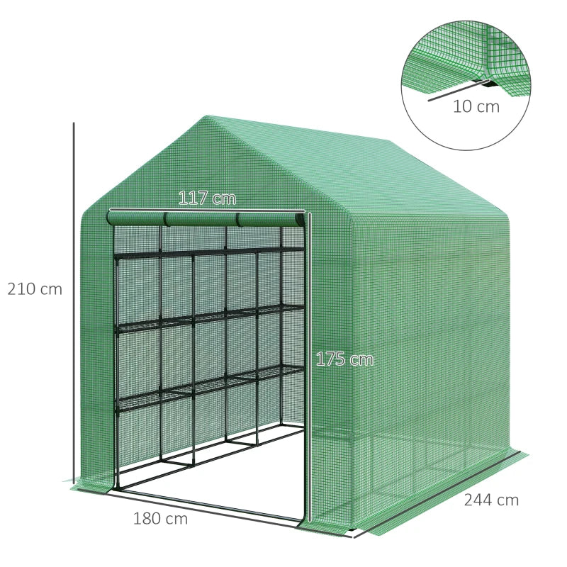 Walk-In Greenhouse with 24 Shelves and Roll-Up Zipped Door Green, 244 x 180 x 210 cm
