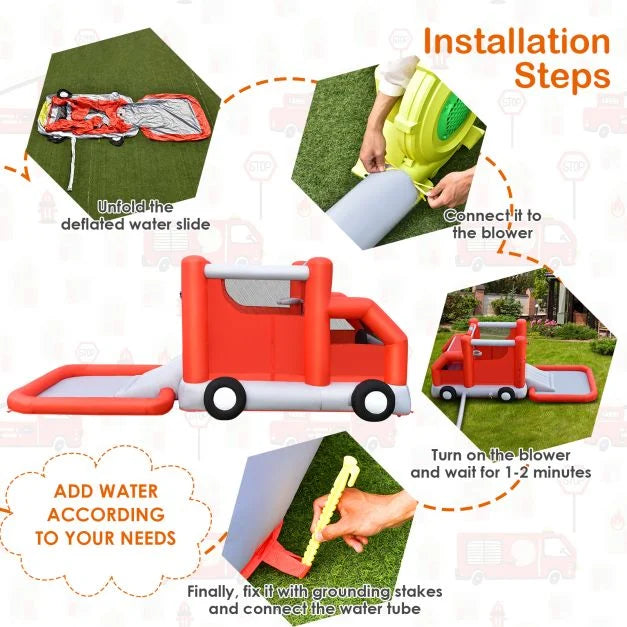 Firefighter-Themed Inflatable Water Park with Slide for Active Outdoor Fun