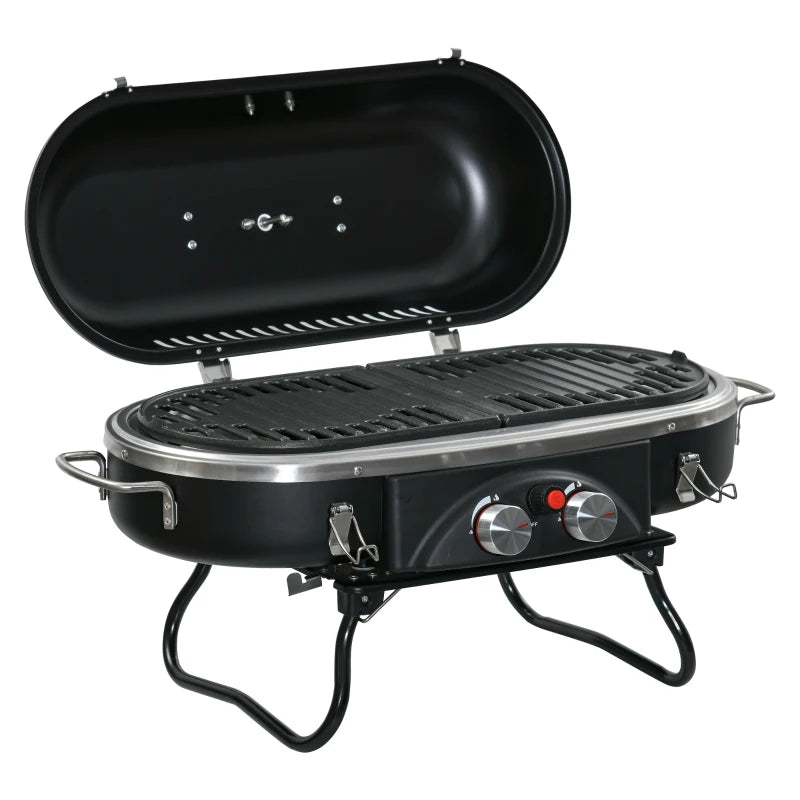 Foldable 2-Burner Table Top Gas BBQ Grill with Lid, Thermometer & Piezo Ignition Aluminium