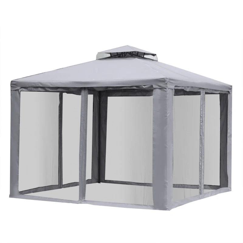 Stylish Grey Gazebo with Mesh Sidewalls and Vented Roof, Outdoor Metal Canopy – 3x3m