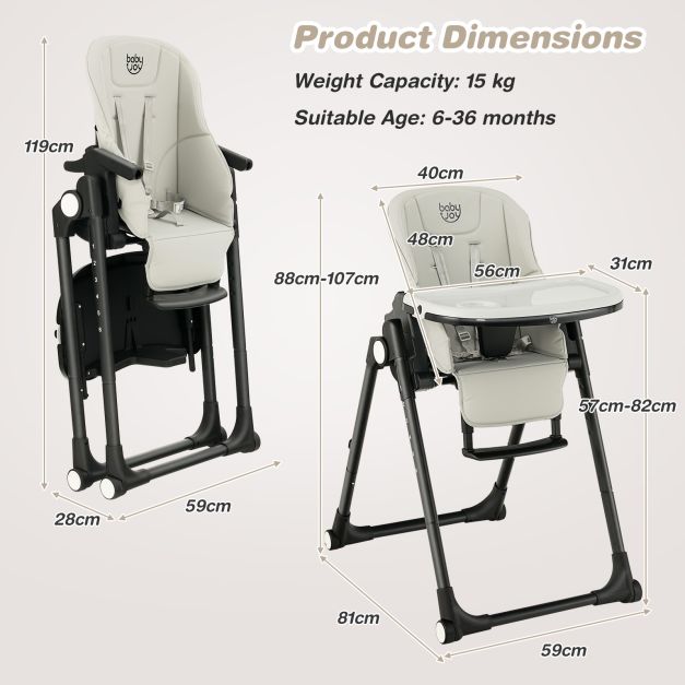 Adjustable 4-in-1 Foldable Baby High Chair with 6 Heights and 5 Recline Options