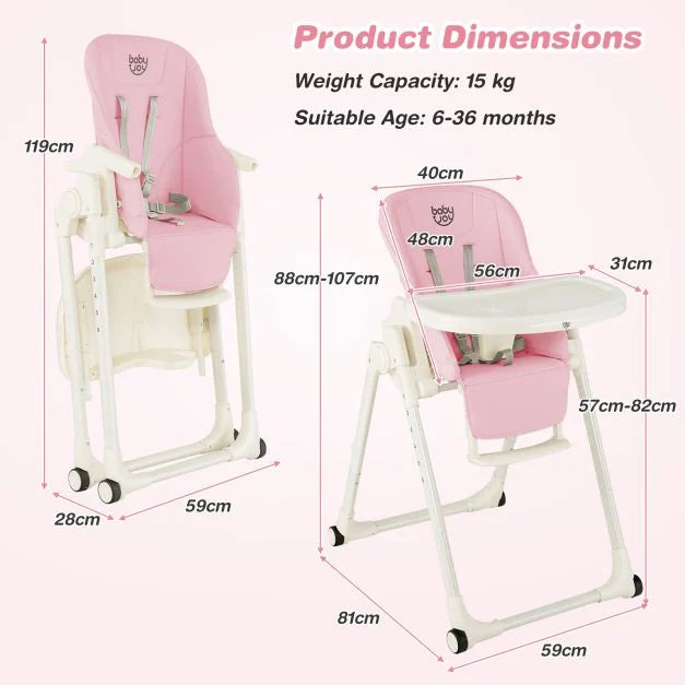 Adjustable 4-in-1 Foldable Baby High Chair with 6 Heights and 5 Recline Options