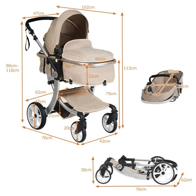 2-in-1 Foldable Baby Stroller with Rain Cover & Mosquito Net