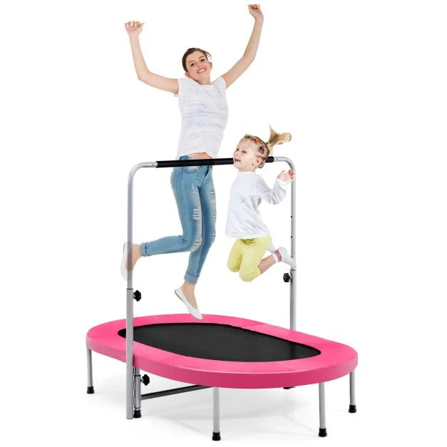 Foldable Dual Fitness Trampoline with Adjustable Handrail for Indoor Exercise