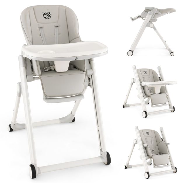 Foldable Baby High Chair with Reclining Backrest and Adjustable Height for Comfort
