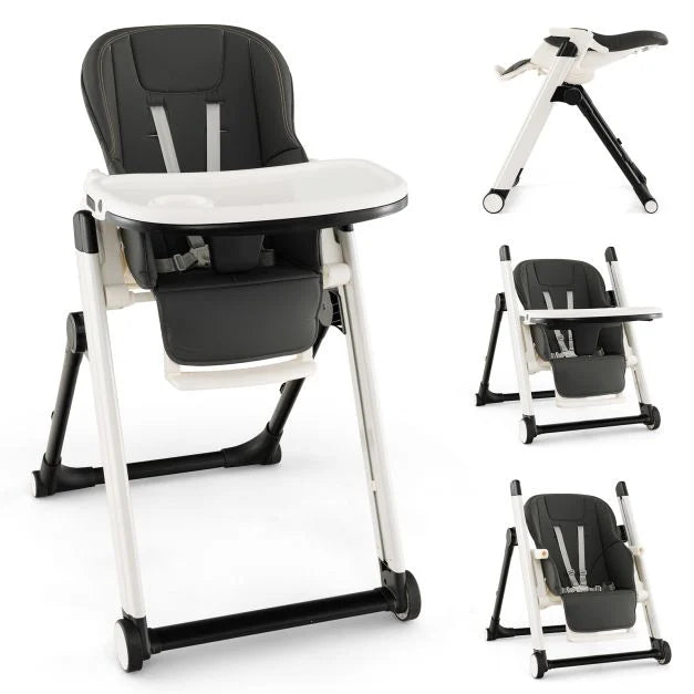 Foldable Baby High Chair with Reclining Backrest and Adjustable Height for Comfort