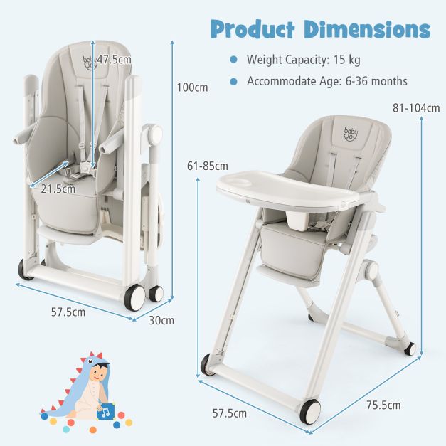 Foldable Baby High Chair with Reclining Backrest and Adjustable Height for Comfort