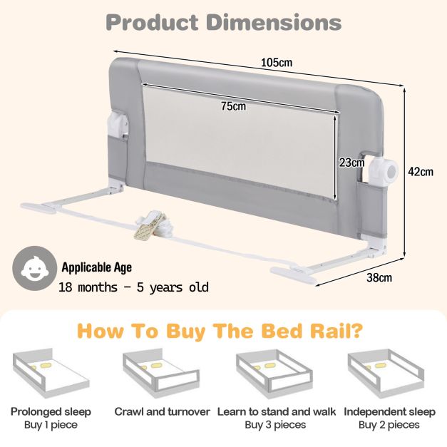 Foldable Toddler Bed Rail with Removable Oxford Fabric Cover