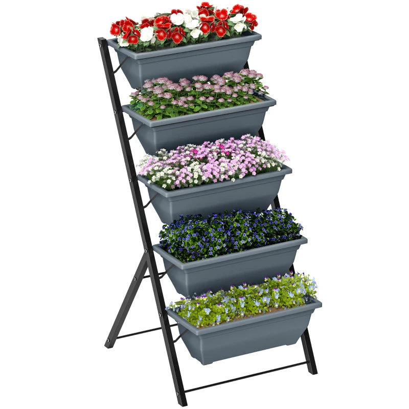 Grey 5-Tier Vertical Garden Bed with Drainage & Removable Boxes, Ideal for Indoor Outdoor Use