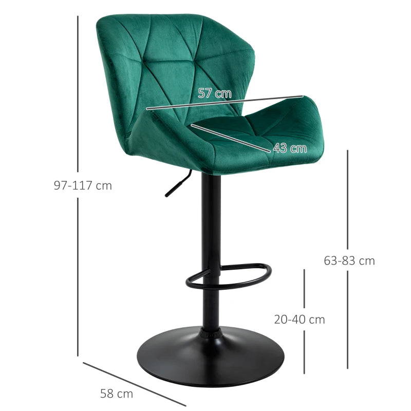 Bar Stools Set, Velvet Touch, Green, Adjustable Height, Set of 2