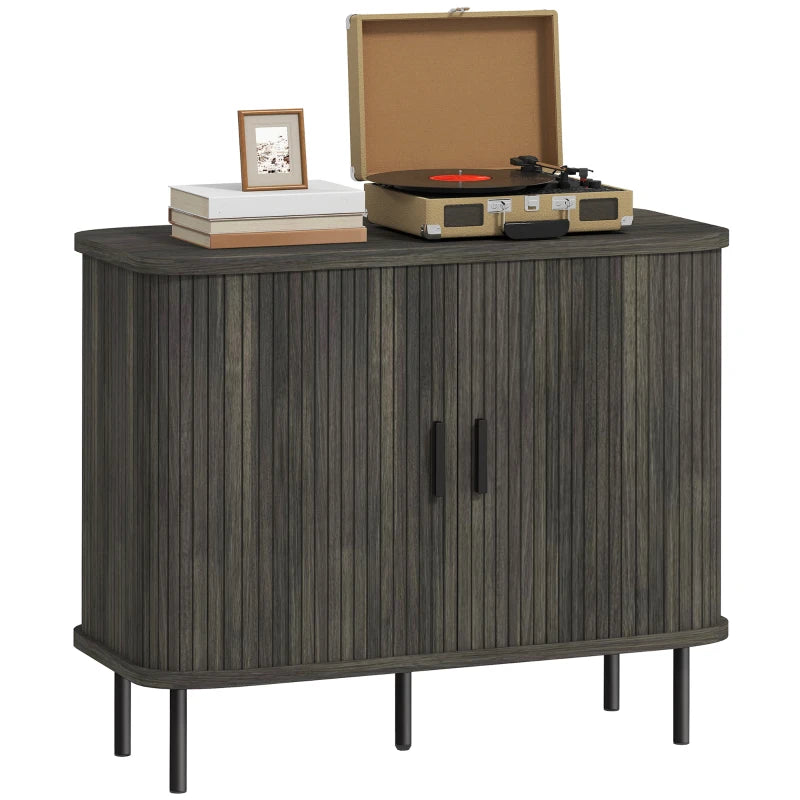 Modern Sideboard with Tambour Doors & Steel Legs, Grey Storage Unit