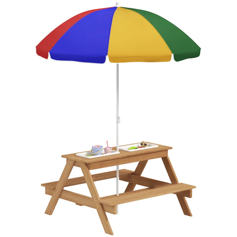 Outdoor Kids Sand and Water Table with Picnic Benches, Parasol, and Storage Bins