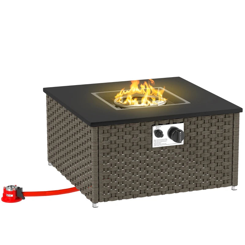 Propane Gas Fire Pit Table with Lid, Rattan Coffee Table & Patio Heater, Grey 58x58x33cm