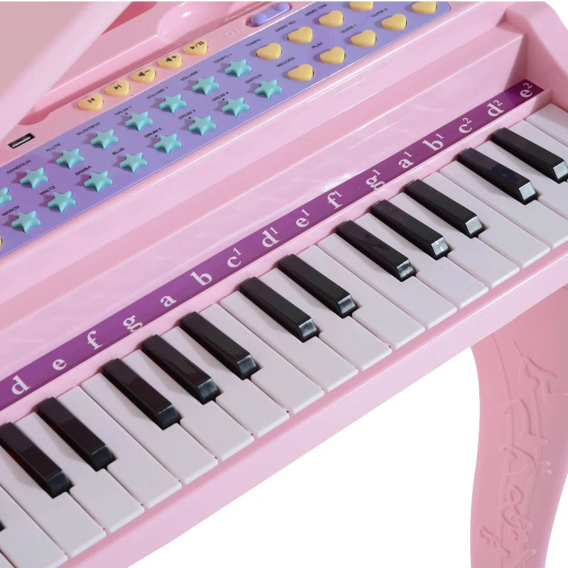 Kids Electronic Grand Piano with Microphone, Lights & Stool – Musical Toy, 37 Keys, Pink