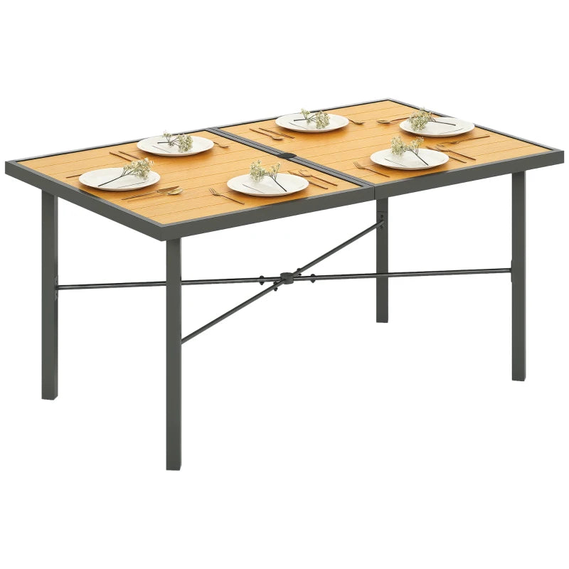 Garden Dining Table for 6 with Umbrella Hole, Wood Effect Top & Rust-Resistant Frame, 150cm