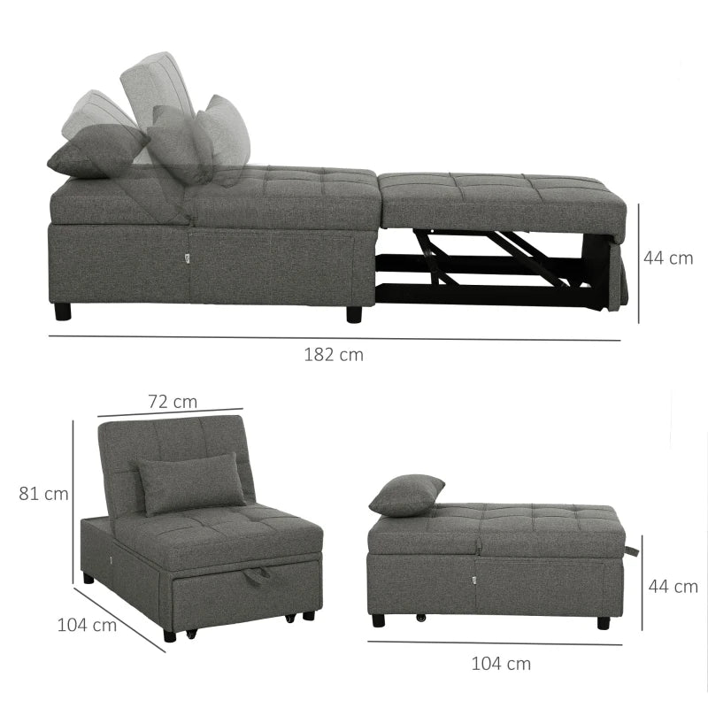 Single Sleeper Chair, Four-In-One Convertible, Dark Grey Upholstery