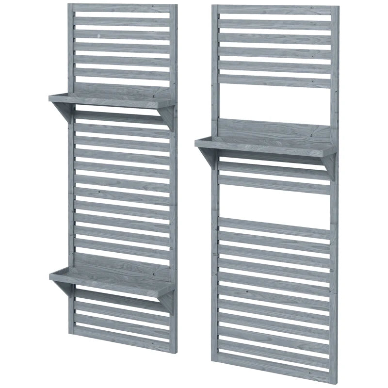 Wall Mounted Flower Shelves Set of 2, Fir Wood Plant Stands with Trellis for Porch