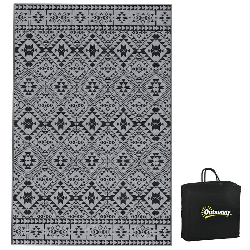 Durable Outdoor Rug 182x274cm with Bag – Reversible Black and Grey Design