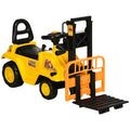 Yellow Ride-On Construction Toy for Kids with Fork, Tray, and Authentic Sound Effects