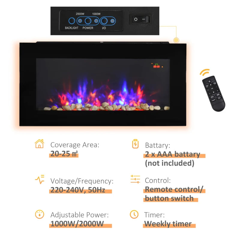 LED Wall Fireplace, Black Curved Glass, 1000W/2000W, 48 x 90.8cm