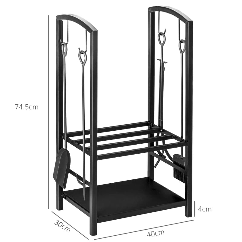 Metal Firewood Storage Rack 2 Layers with Fireplace Tools and Hooks, Black Finish