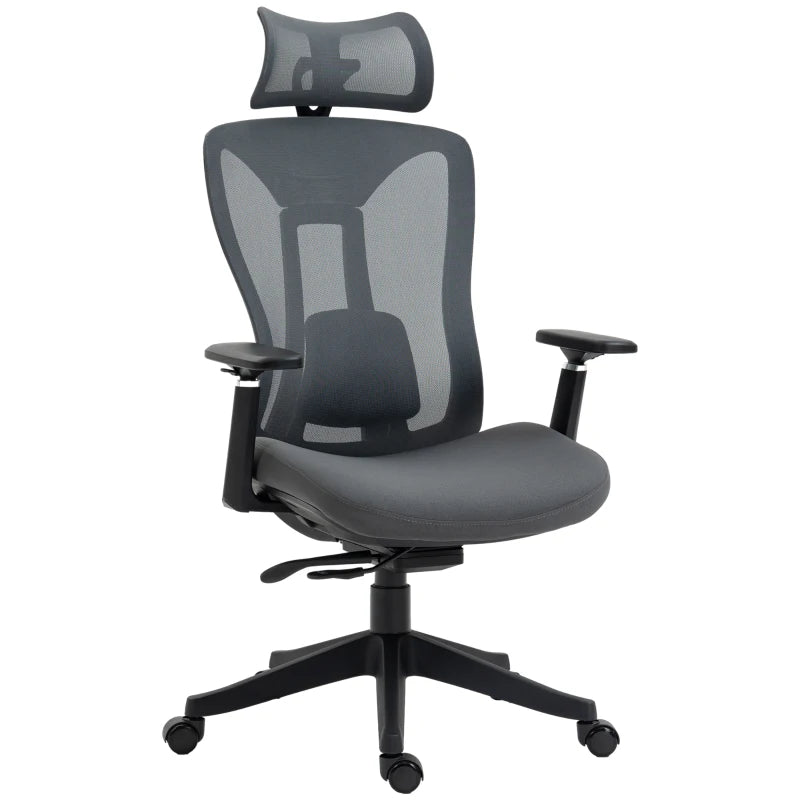 Mesh Office Chair with Lumbar Support & Adjustable Headrest – Grey