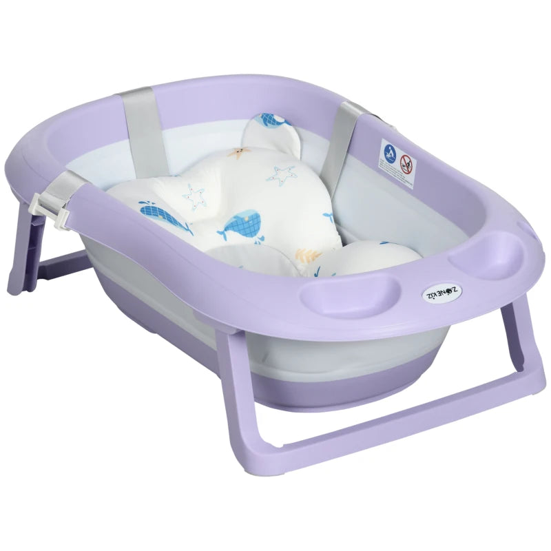 Space-Saving Foldable Baby Bathtub with Shower Holder and Cushion – Purple