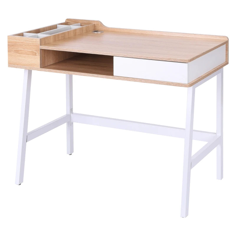 Writing Desk with Cable Management – Oak and White Workstation