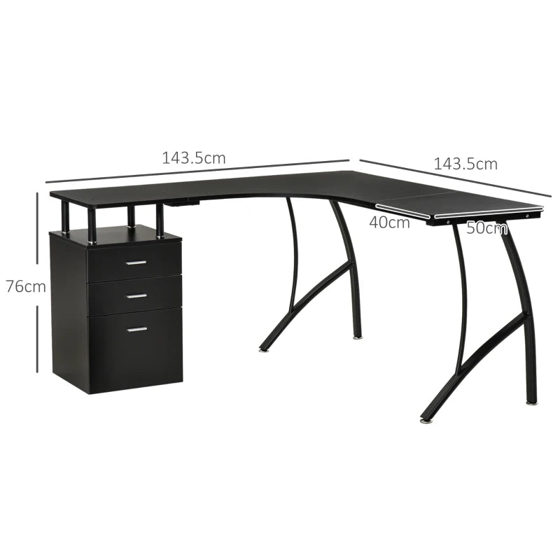 Industrial Black Corner Desk – L-Shaped Computer Table with Drawer