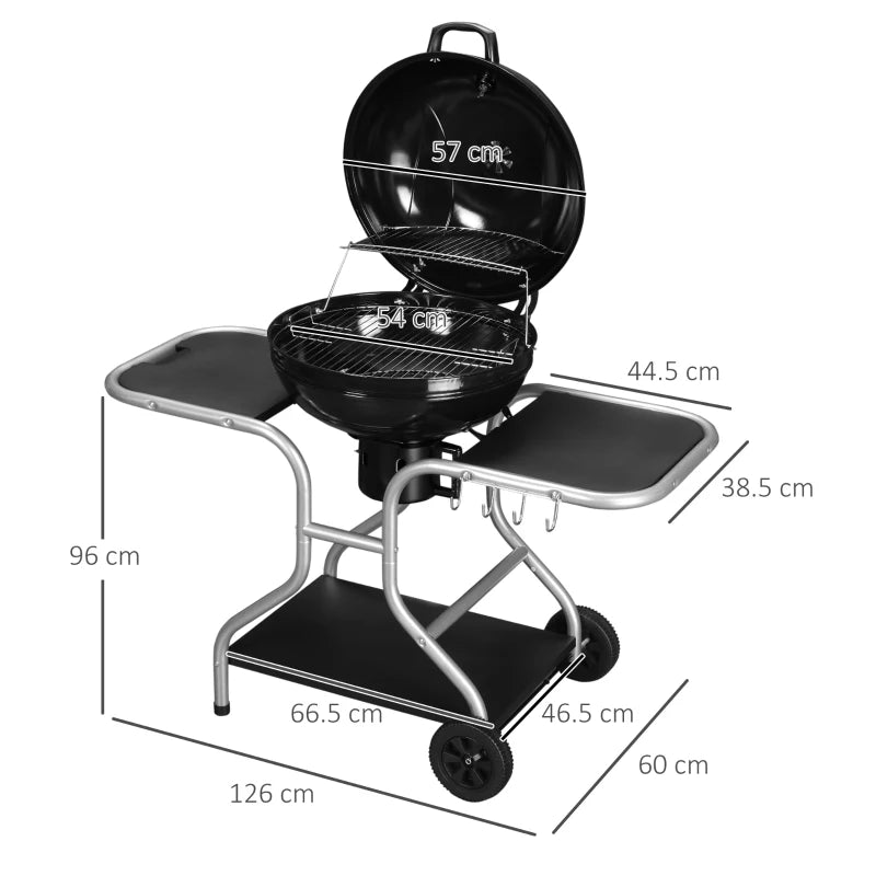 Portable Charcoal Kettle Grill with Trolley, Wheels, Shelf & Hooks - Black Outdoor BBQ