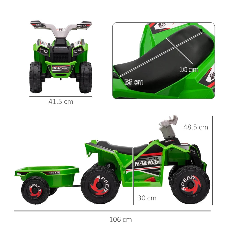 Kids 6V Quad Bike with Back Trailer, Wear-Resistant Wheels for Ages 18-36 Months – Green