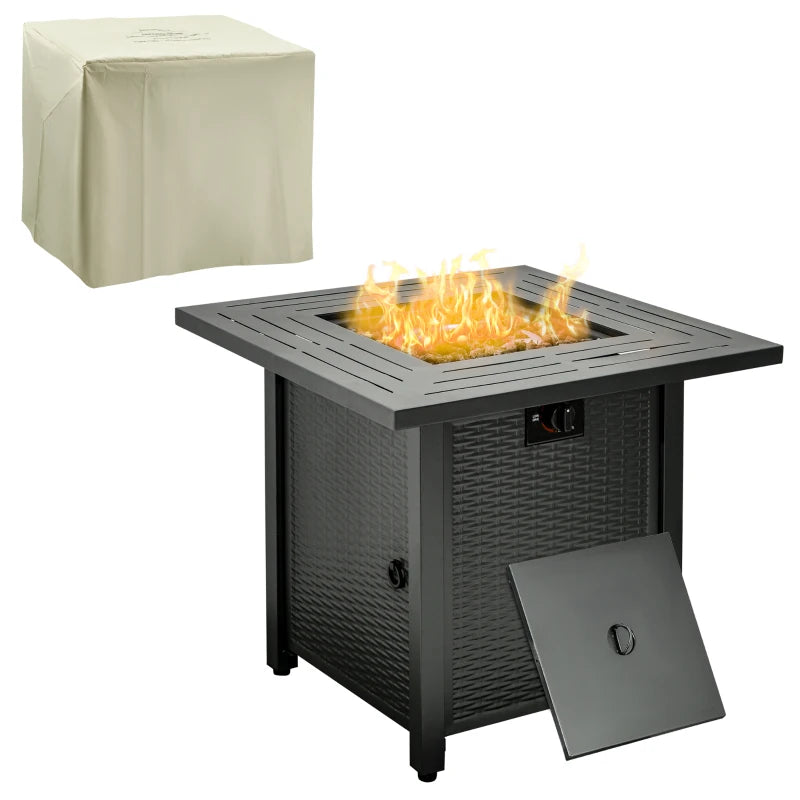 Black Rattan Gas Fire Pit Table with Protective Cover, Lava Rocks & Lid, 40,000 BTU, 71x71x62cm