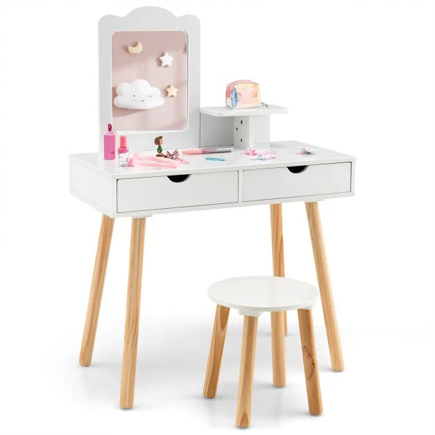 Kids Makeup Vanity Table with Stool, Square Mirror & Storage Shelf