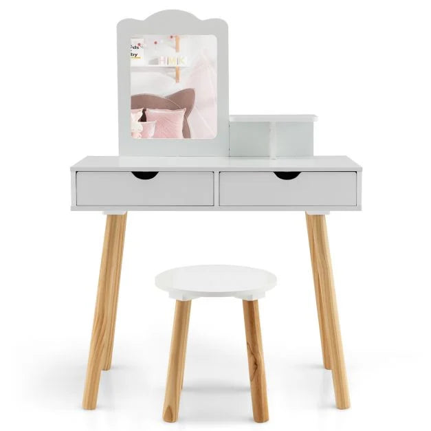 Kids Makeup Vanity Table with Stool, Square Mirror & Storage Shelf