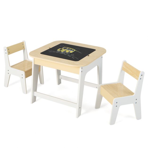 Wooden Kids Table and Chairs with Reversible Top & Storage