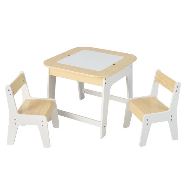 Wooden Kids Table and Chairs with Reversible Top & Storage