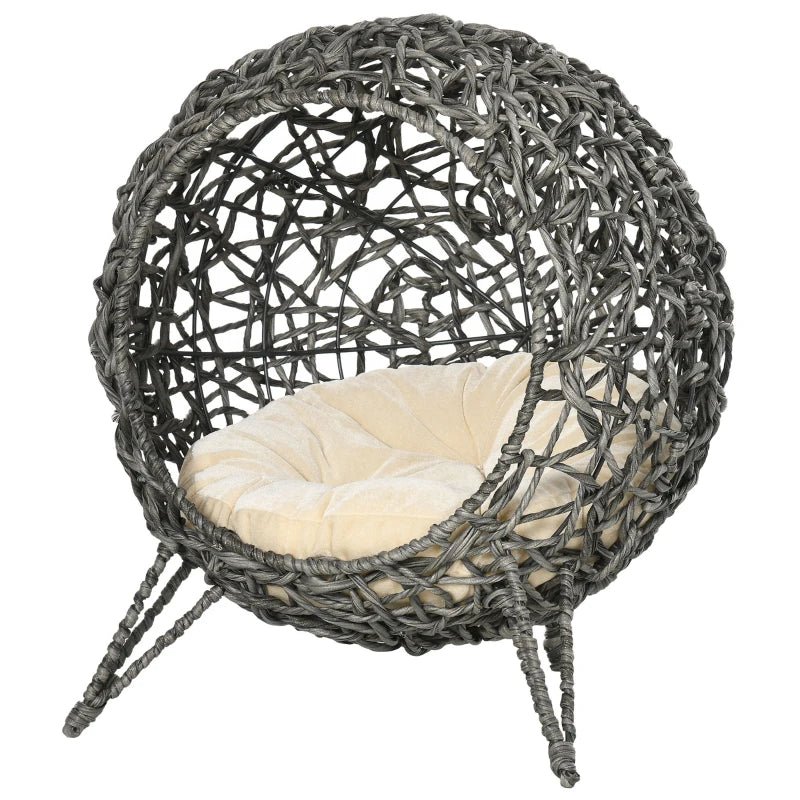 Rattan Elevated Cat Bed with Cushion – Silver & Grey